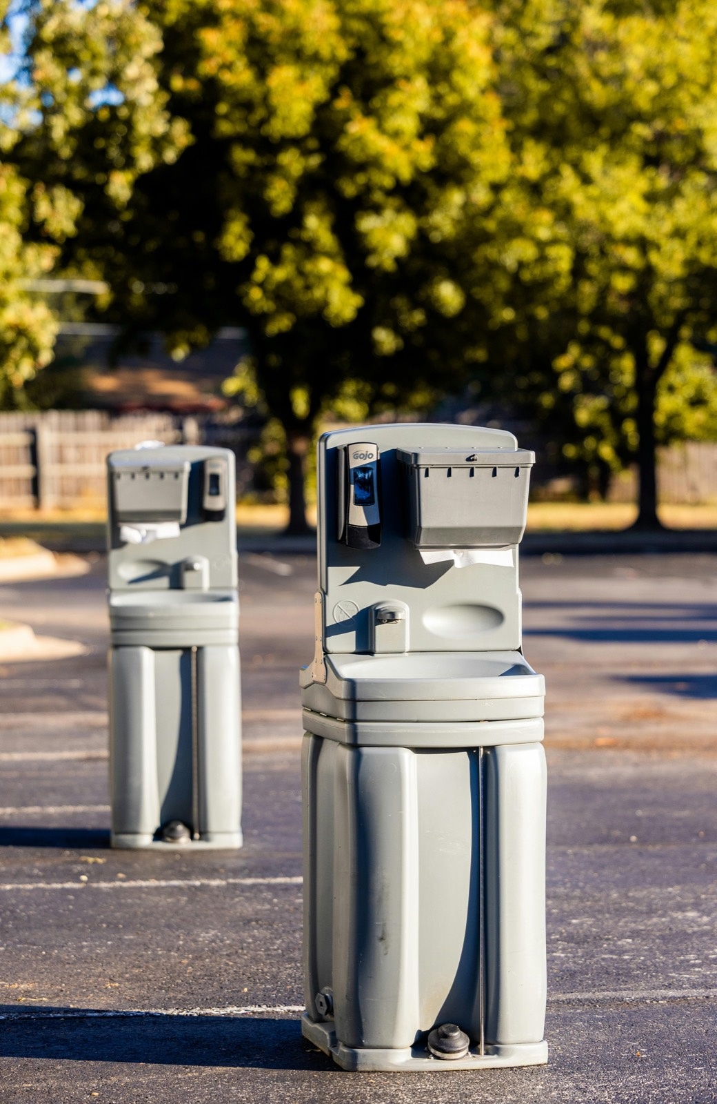Portable hand washing stations set up on a Ventura County job site